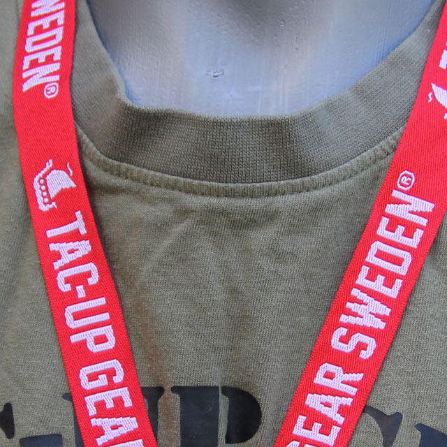 Logo and text on a Lanyard Red/White.