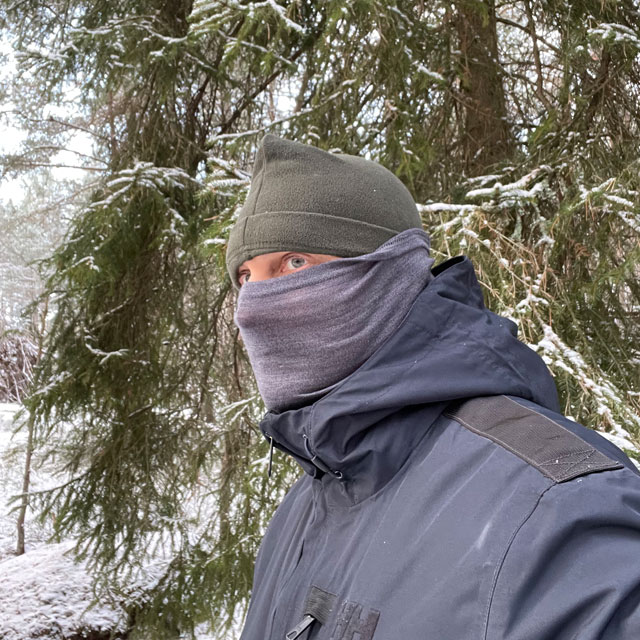 Neck Tube Merino Wool Grey from TAC-UP GEAR seen worn in Swedish winter forest on man