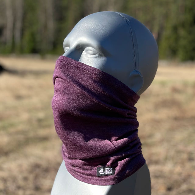 Neck Tube Merino Wool Purple from TAC-UP GEAR around face on mannequin