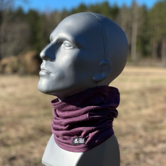 Neck Tube Merino Wool Purple from TAC-UP GEAR around neck on mannequin seen from the side