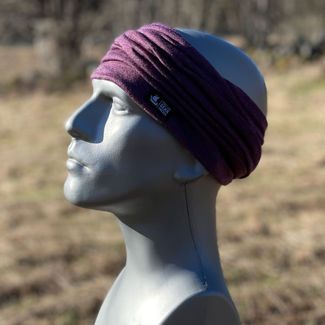Neck Tube Merino Wool Purple from TAC-UP GEAR around head as a headband on mannequin