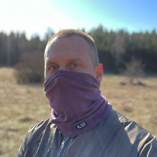 Neck Tube Merino Wool Purple from TAC-UP GEAR around face on man