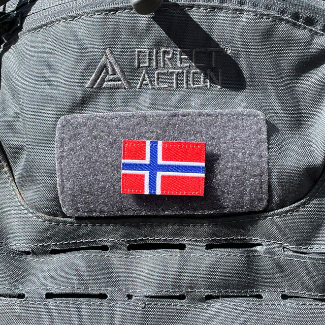 Norway Flag Hook Patch Small from TAC-UP GEAR mounted on a grey rucksack