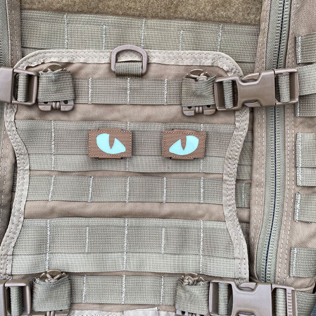 A pair of Lynx Glow Eyes Brown Hook Tube on a FAST Pack Litespeed in Coyote brown from Triple Aught Design