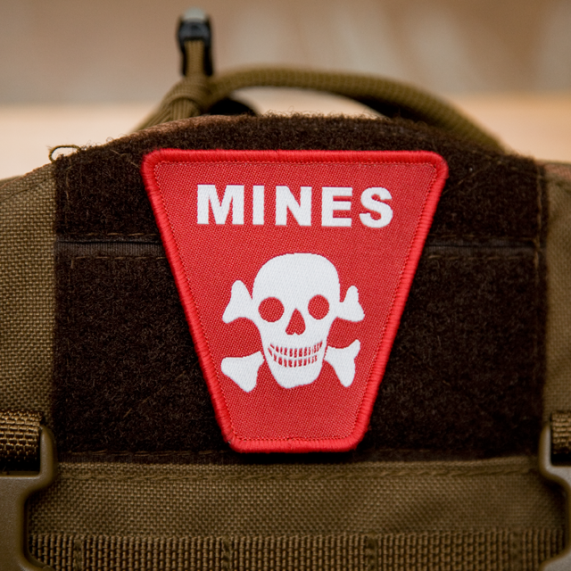 Mines Hook Morale Patch mounted on a rucksack.