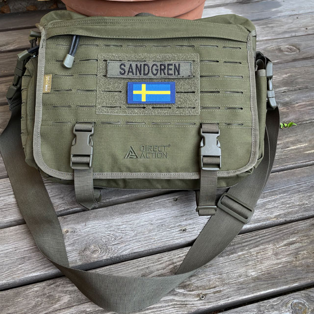 A Sweden Long Flag Blue from TAC-UP GEAR on a messenger bag