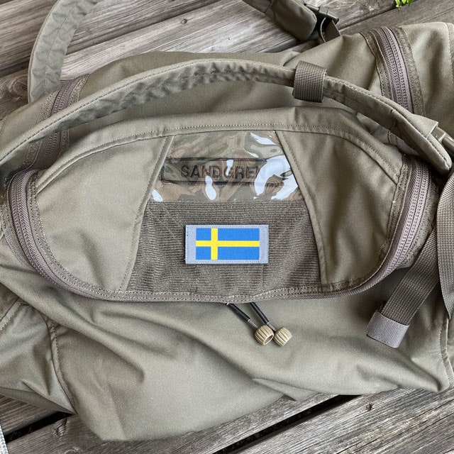 Sweden Long Flag Grey from TAC-UP GEAR mounted on a bag