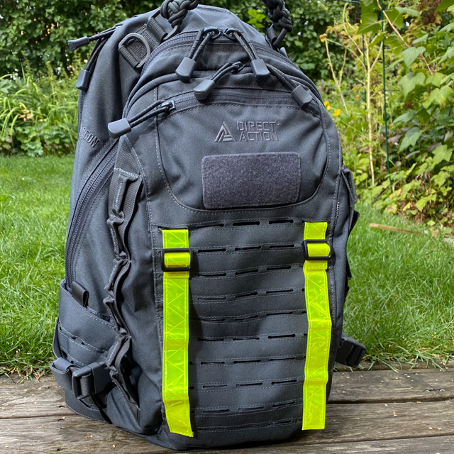 Reflective Stripes Yellow mounted on grey rucksack outdoors