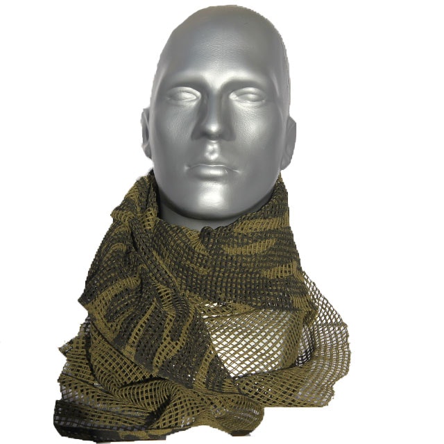 A Scrim Scarf Black/OD Camo wrapped around a mannequin neck.