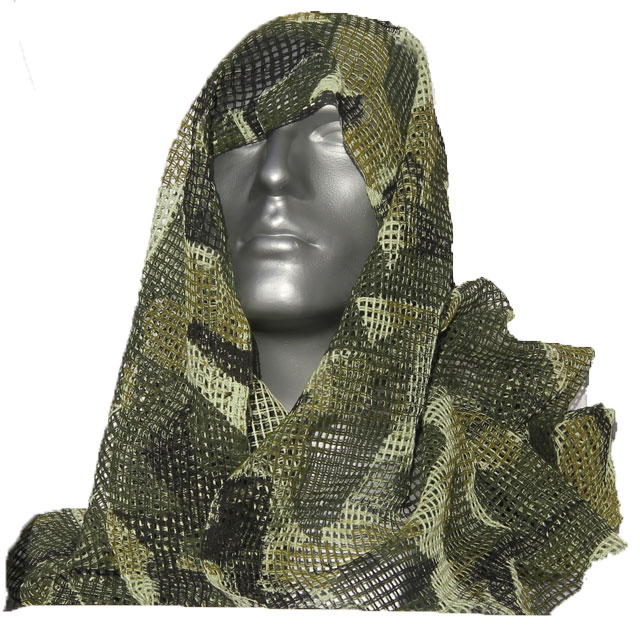 Scrim Scarf M90 draped over the head on a mannequin.