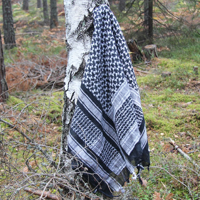 A Shemagh Black is hanging on a tree in the Swedsih autumn nature.