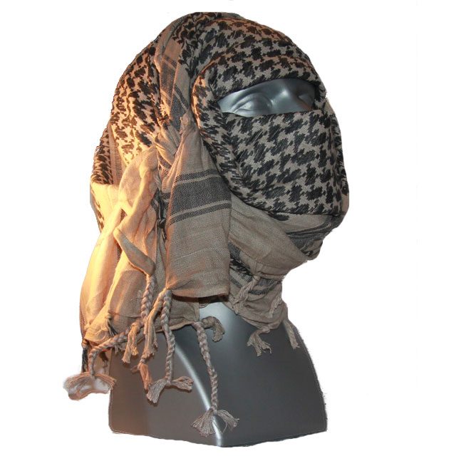 A Shemagh Khaki/Black is wrapped around face and head of a mannequin.