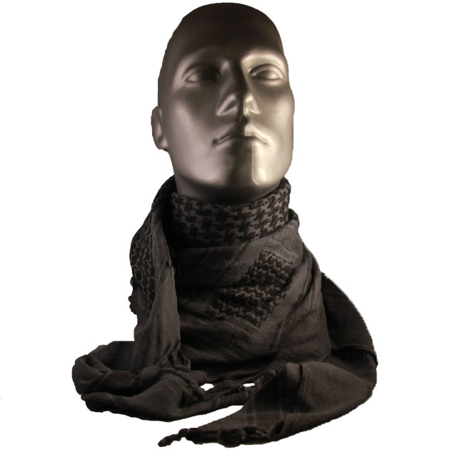 Mannequin with a draped Shemagh BlueGrey/Black NAVY around its neck.