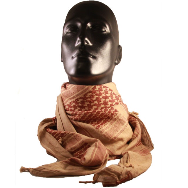 A mannequin is wearing a Shemagh Khaki/Brown draped around its neck.