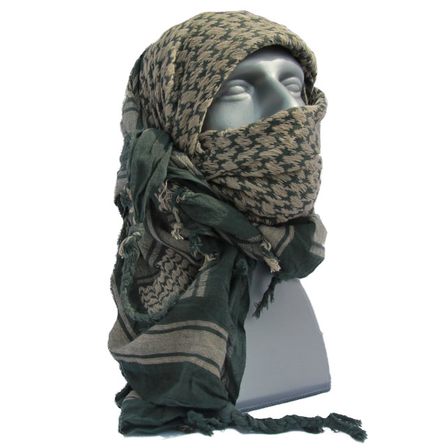 A Shemagh Khaki/Green is draped over the head on a mannequin.