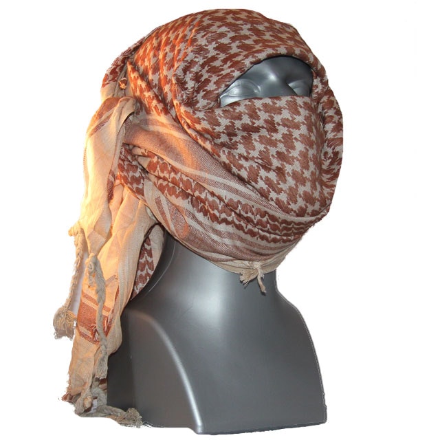 Product photo of a Shemagh Light Khaki/Brown drapped over head and face of a mannequin.