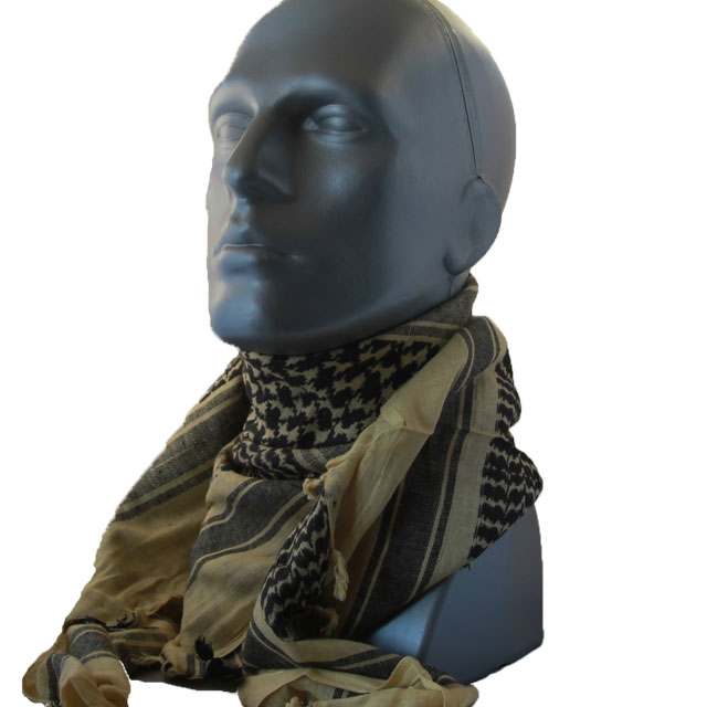 A Shemagh Yellow/Black is wrapped around the neck of a mannequin.