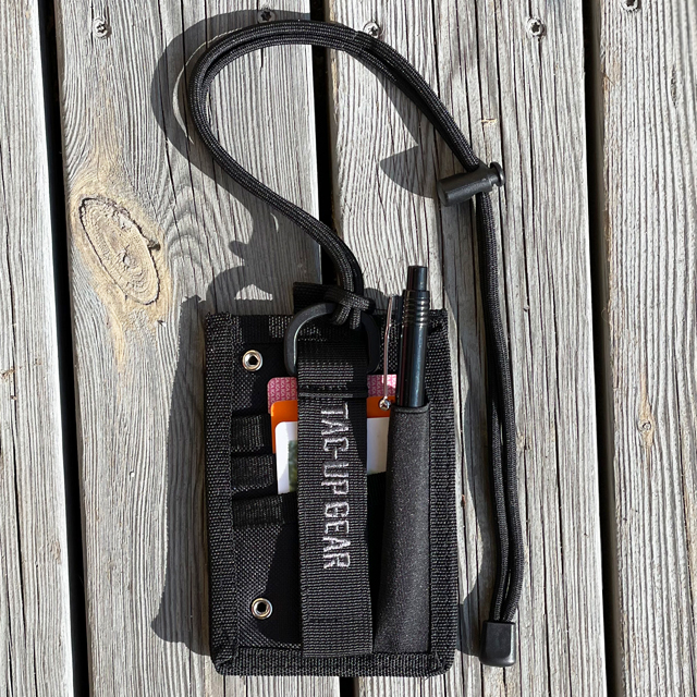 A fully kitted Tactical Neck ID Card Holder Black from TAC-UP GEAR seen from the back