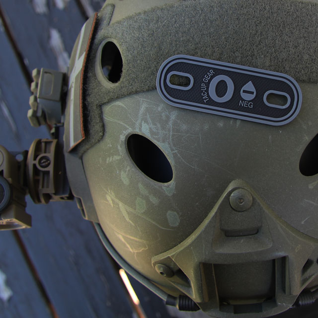 O- Bloodtype Tag Black PVC on an Ops Core Helmet.