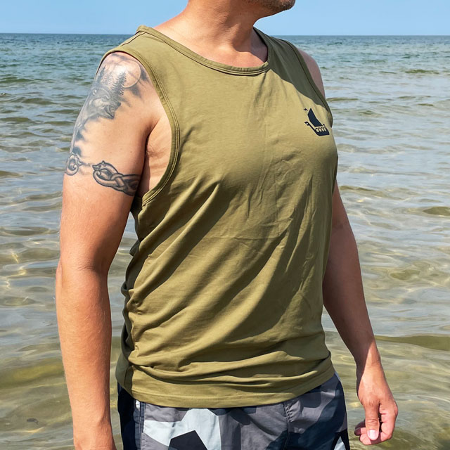 Tank Top Khaki Green from TAC-UP GEAR on model at the ocean seen from the side