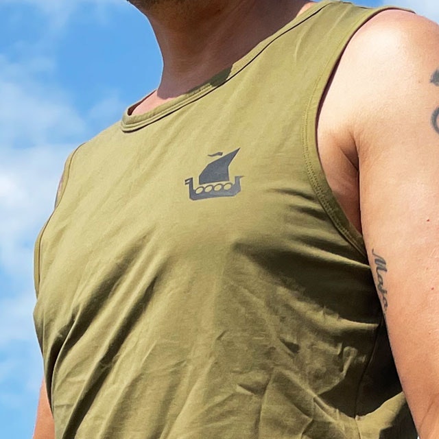 Tank Top Khaki Green from TAC-UP GEAR on model at the ocean seen at a closeup