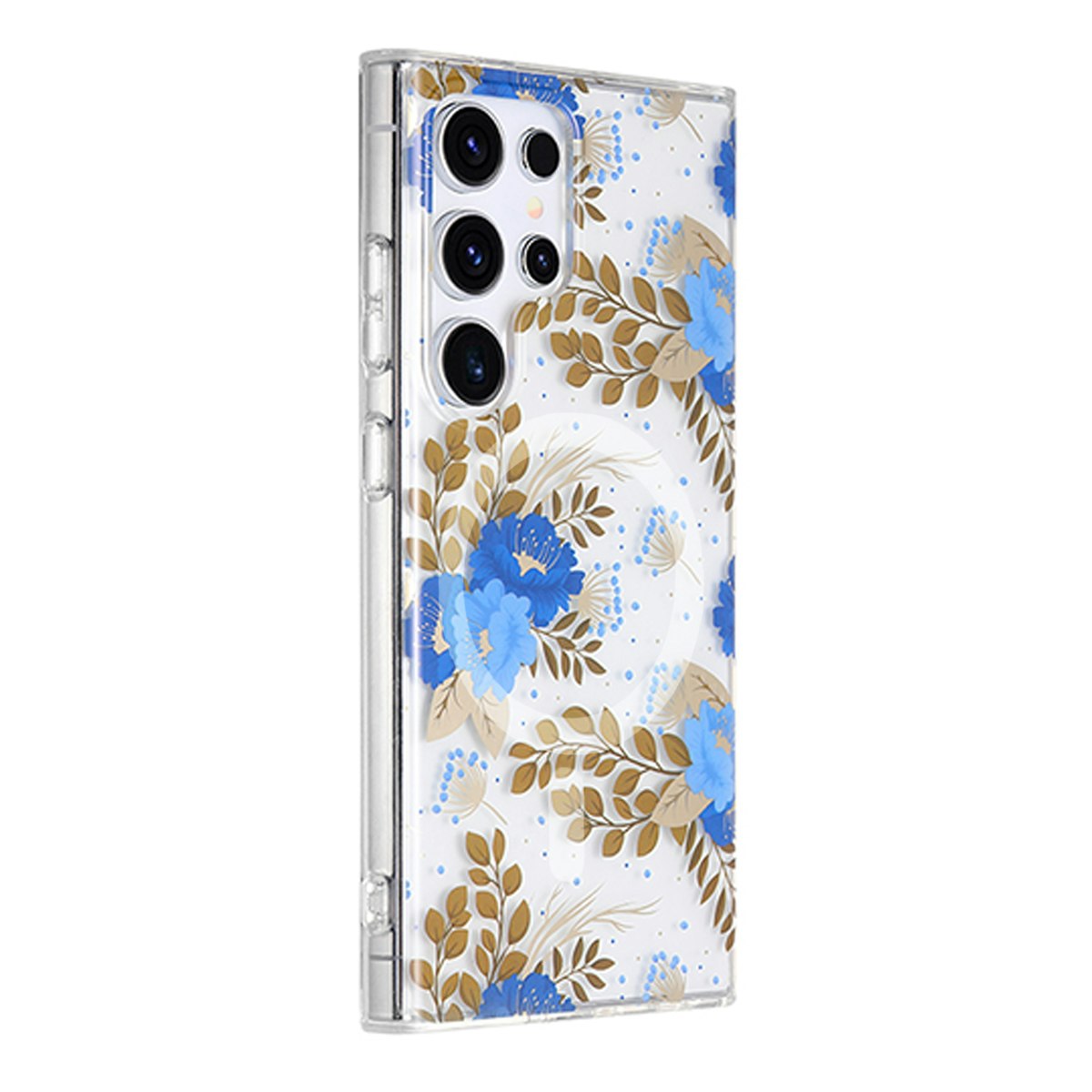 Samsung Galaxy S23 Ultra Mobilskal Magnet - Blommor Blå/Guld
