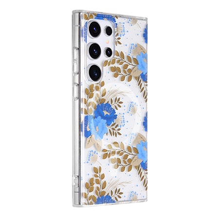 Samsung Galaxy S23 Ultra Mobilskal Magnet - Blommor Blå/Guld