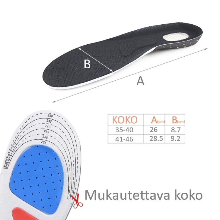Pohjalliset juoksuun, urheiluun, geelipehmuste kantapäässä, iskunvaimennus, jalkaholvituki