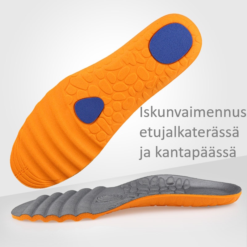 Pohjalliset, erittäin joustava, iskunvaimennus kantapäähän ja etujalkaan, hieronta, vaahtomuovi
