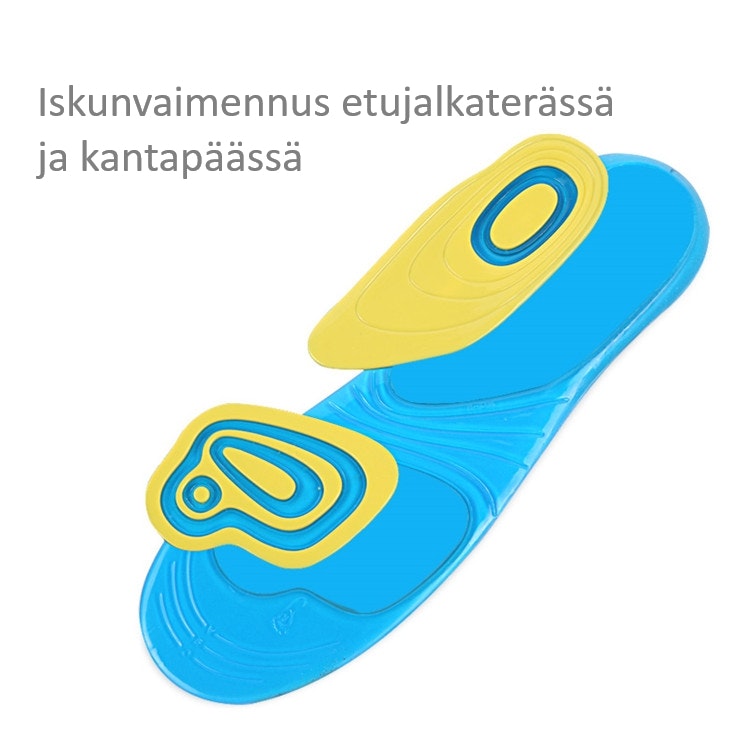 Pohjalliset, erittäin joustava, iskunvaimennus kantapäässä ja etujalassa, geeliä