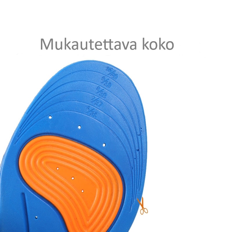 Pohjalliset, iskunvaimennus kantapäässä ja etujalkaterässä, holvituki