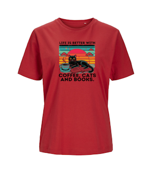 T-shirt  Dam- Life is better with coffe cats and books