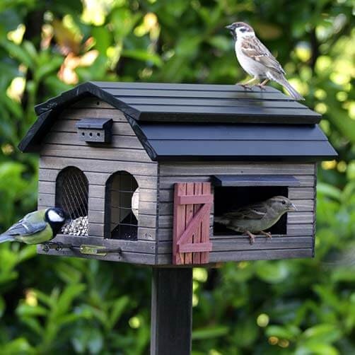 fågelmatare foderlada med flera fack svensk wildlife garden för taklbollar nötter och frön brunbetsad