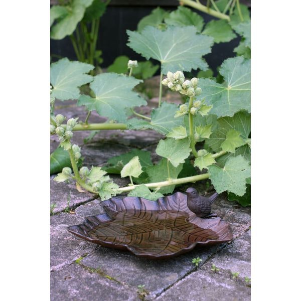 fågelbad insektsbad vattenfat blad lönnblad fågel gjutjärn brunt