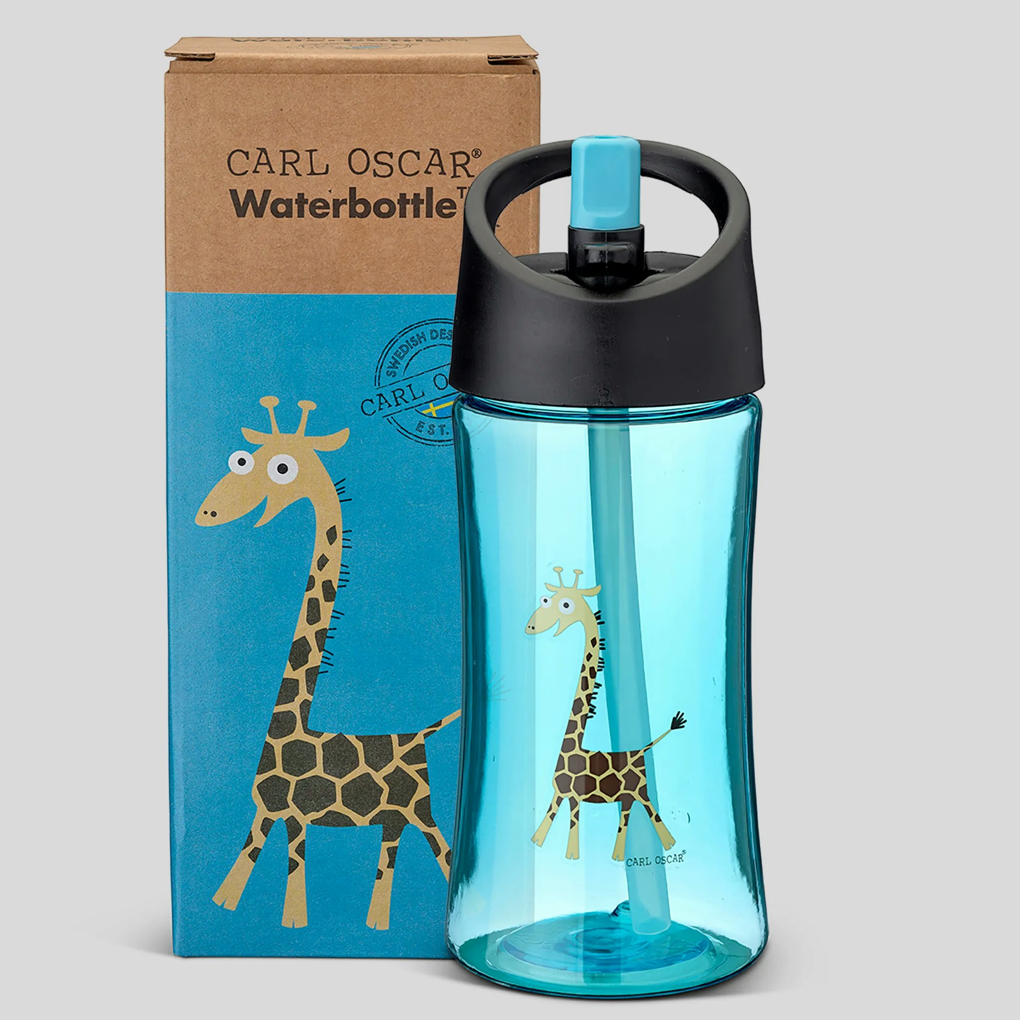 Turkos vattenflaska till barn med motiv giraff från Carl Oscar