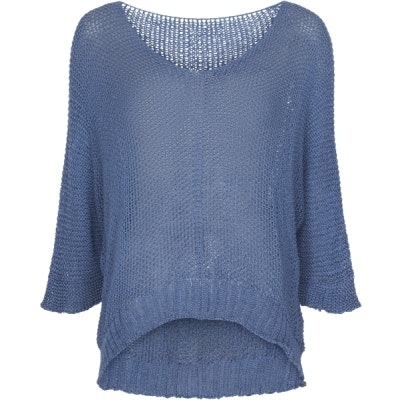 glesstickad tröja v-ringad 3/4 pingvinärm onesize jeansblå