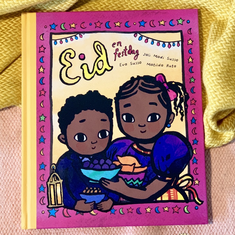 Barnbok Eid - en festmåltid, mångkulturell bok, mångfald bland karaktärerna där mörkhyade, muslimska personer är representerade. Andra kulturer berörs, firar Eid.