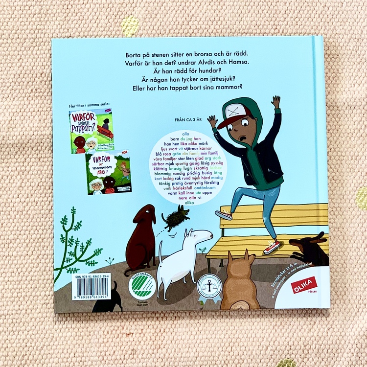 Bilderboken Varför är brorsan rädd?, en inkluderande barnbok där mörkhyade barn är representerade. Rolig barnbok för barn från 3 år. En bok om rädsla och känslor, boken är från OLIKA förlag.