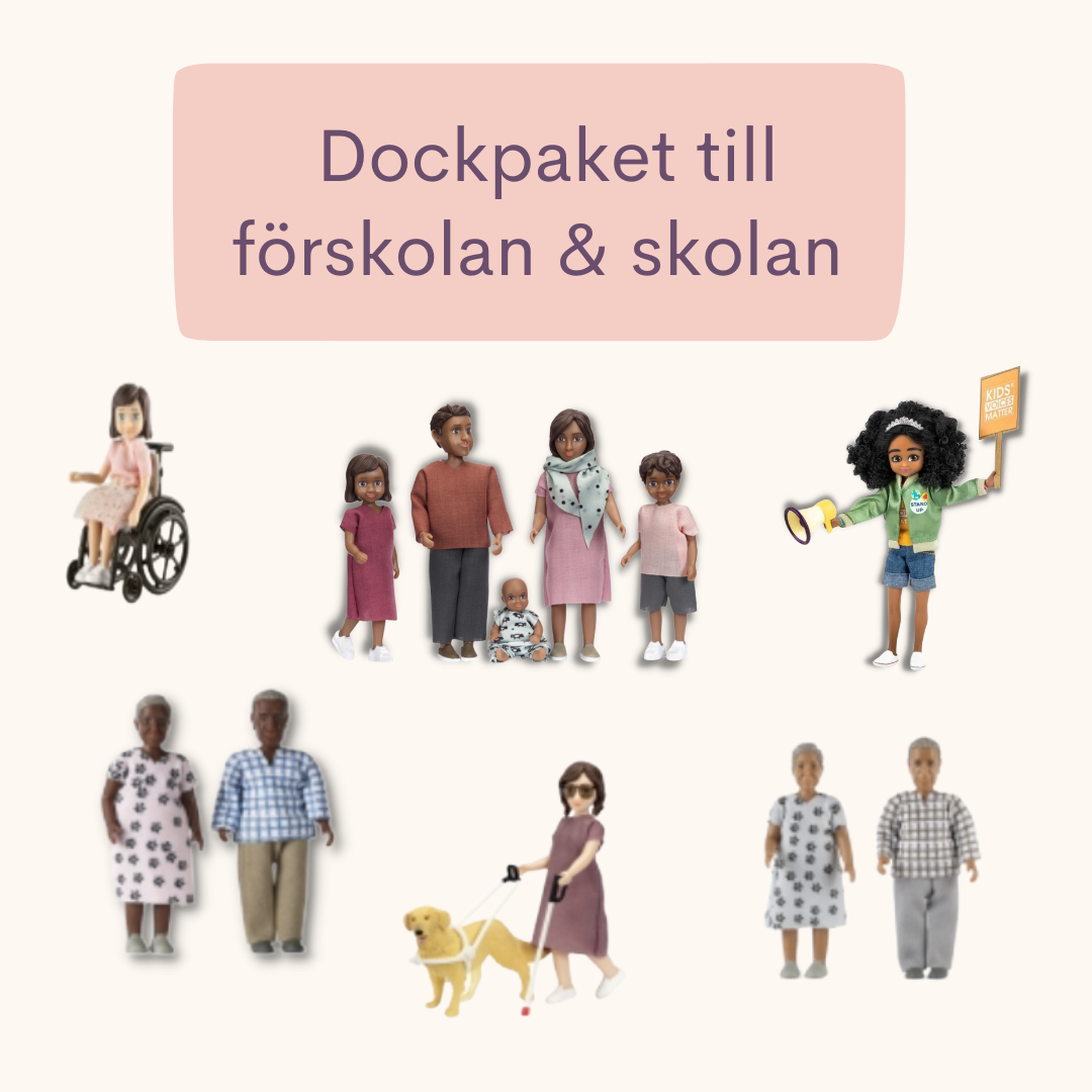 Dockor för rollek med brun hudfärg, äldre dockor, docka i rullstol och docka med synnedsättning med ledpinne.