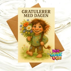 Trollkort – Gratulerer med dagen med blomster og bustehår