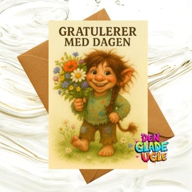 Trollkort – Gratulerer med dagen med blomster og bustehår