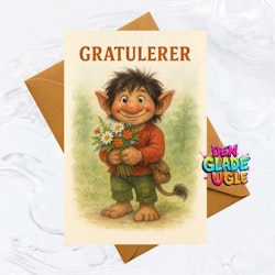 Trollkort – Gratulerer med blomster og bustete sjarm