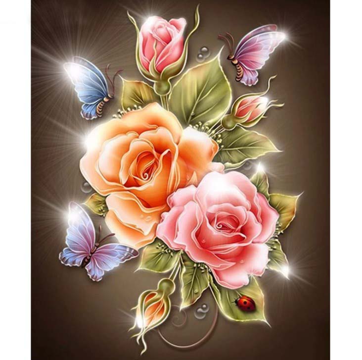Diamanttavla (R) Butterflies And Roses 40x50
