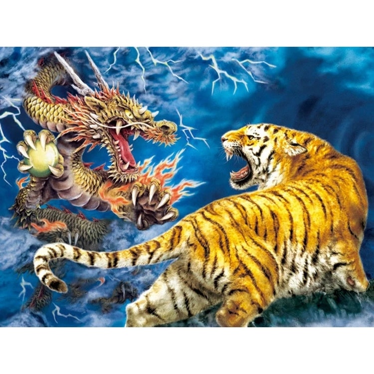 Diamanttavla Tiger And Dragon Fight 40x50