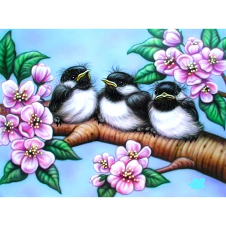 Diamanttavla (R) Birds In Blossom Tree 30x40