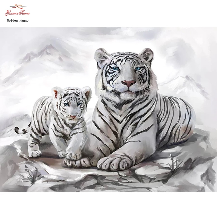 Diamanttavla (R) White Tiger And Baby 40x50