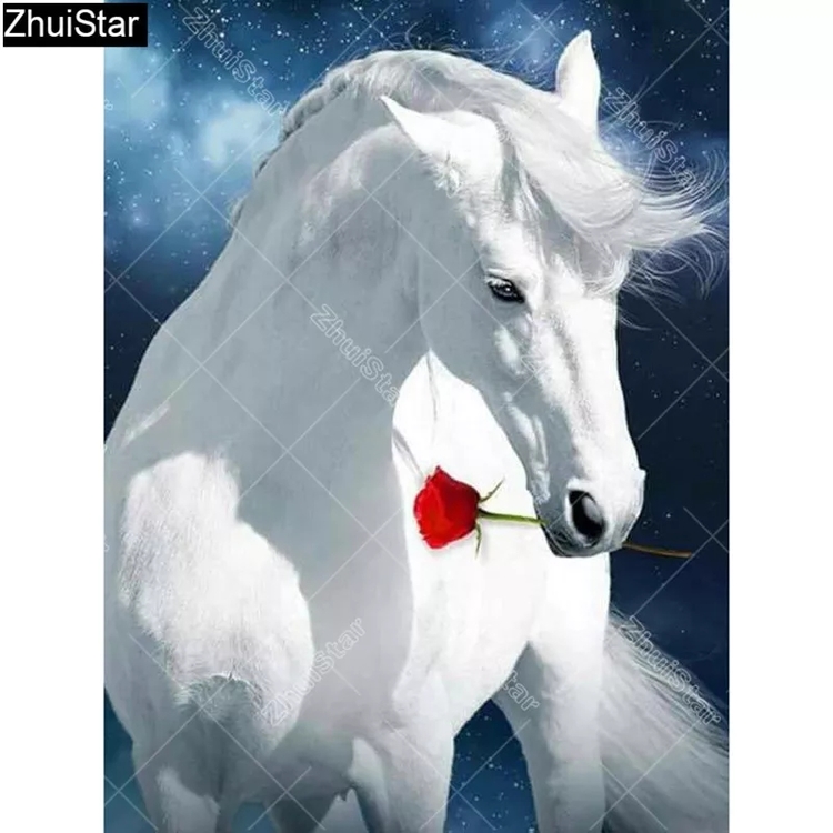 Diamanttavla White Horse Red Rose 40x50
