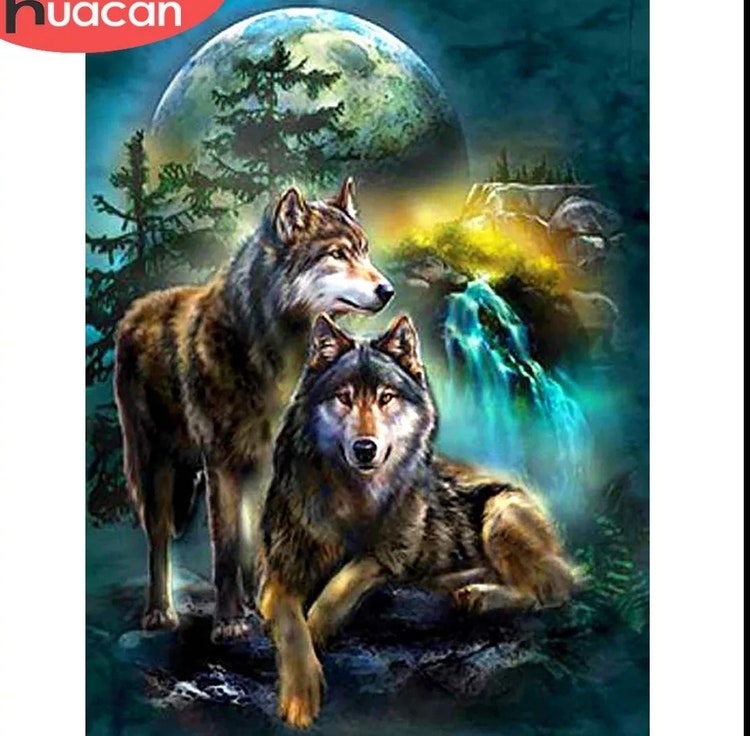 Diamanttavla Wolves In Moonlight Forest 40x50