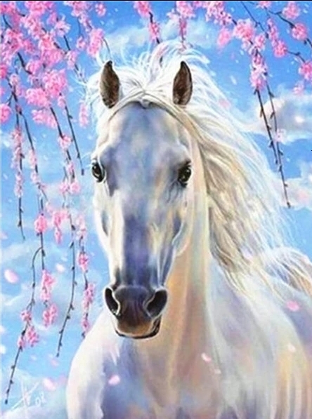 Diamanttavla White Horse Cherry Tree 40x50