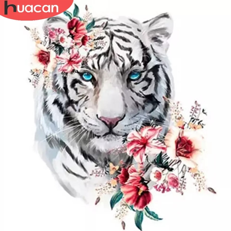 Diamanttavla White Tiger With Flowers 40x40
